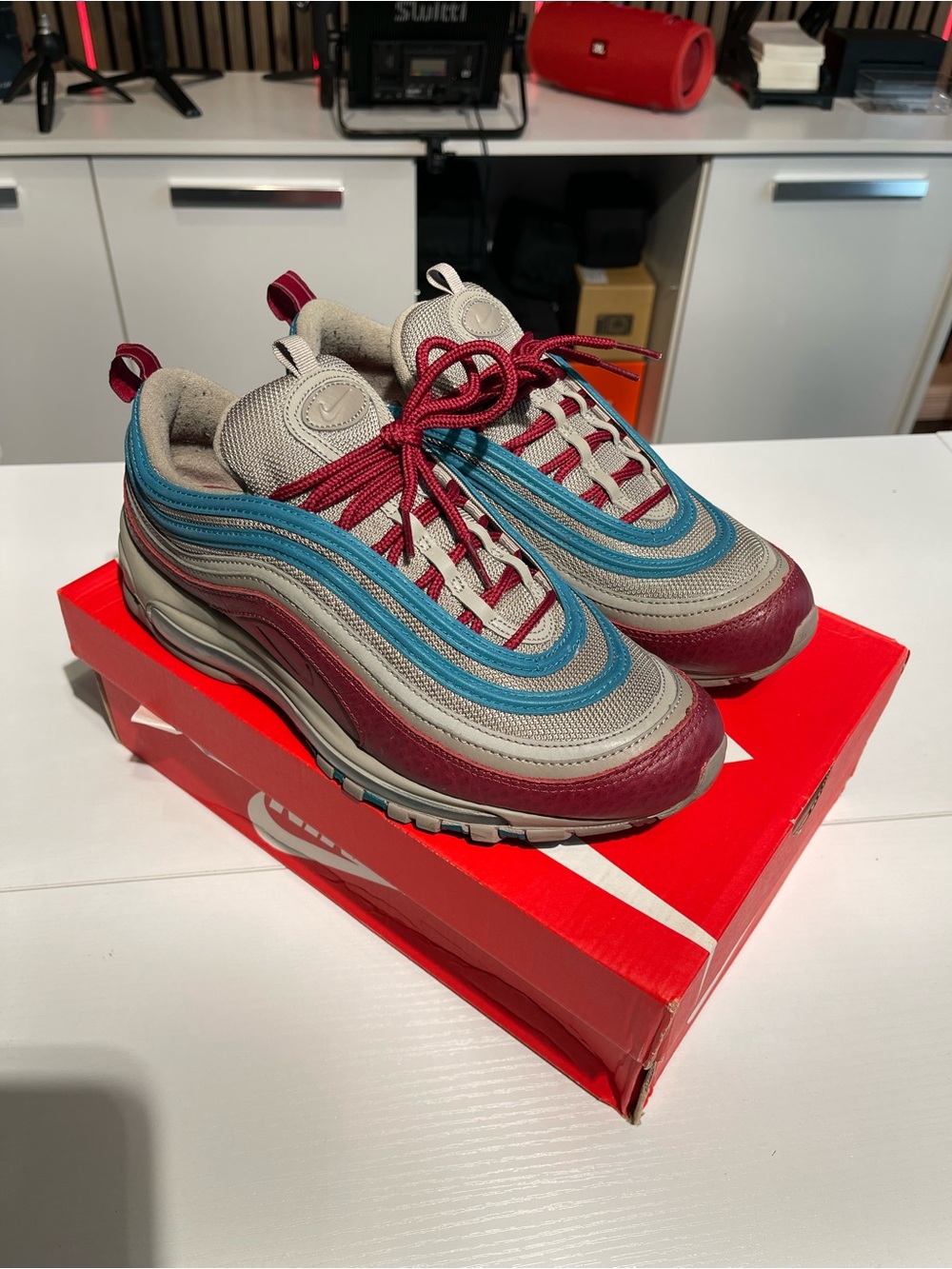 Nike Air Max 97 SE Gray, Teal, and Burgundy
